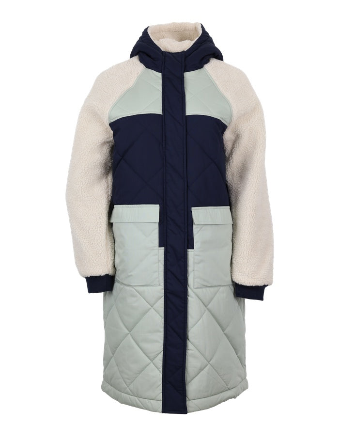 Preowned ESStella Long Hood Quilt Jacket - Colour Blocking dk. sapphire/ desert Sage/ Sno